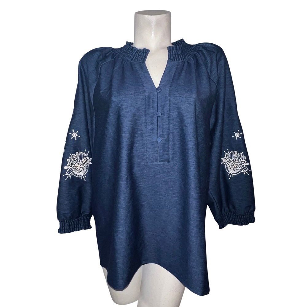 Chico's Embroidered Denim Henley Knit Top Passport Blue Size 3 XL NWT 570413459